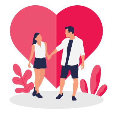 İki karakterli Sevgililer Günü konseptin kutlu olsun. Aşıklar el ele tutuşur ve düz vektör çiziminde birlikte yürürler. Poster, kart, web pankartı veya iniş sayfası için kullanılabilir.