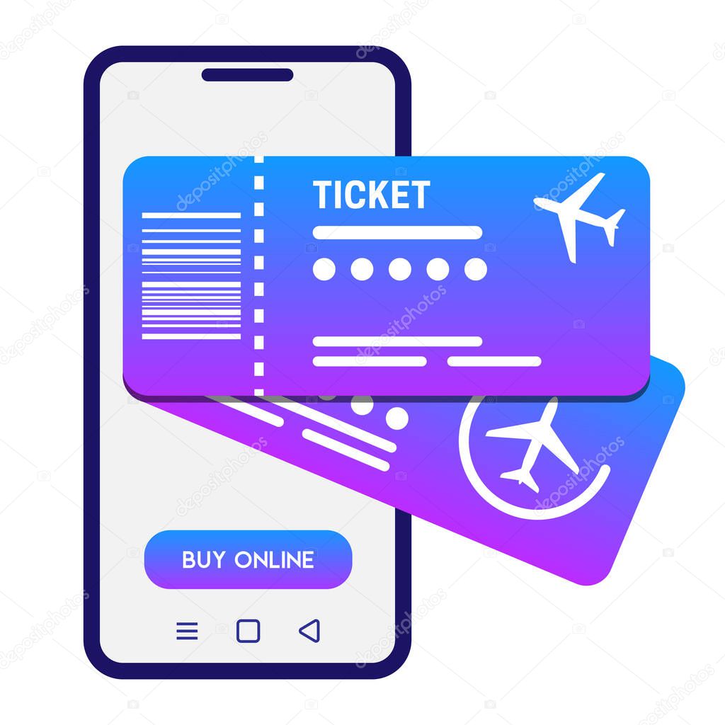 Buying tickets online concept. Vector illustration. White smartphone and 2 flight tickets