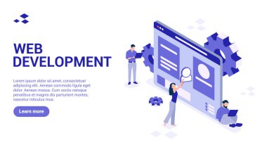 Web geliştirme konsepti. İniş sayfası veya web pankartı şablonu. 3D karakterler bir web sitesi kuruyor. izometrik vektör çizimi.