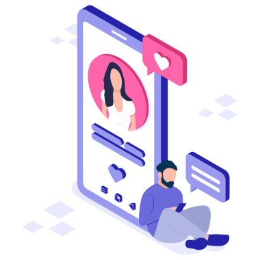 Randevu uygulamasında bir kızla sohbet eden bir adam. Akıllı telefonlu üç boyutlu karakter. Online flört konsepti. İzometrik tarzda vektör illüstrasyonu. Beyaz arkaplanda izole edilmiş