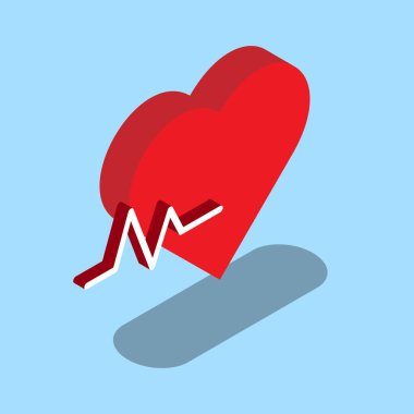 Kalp atışı çizgisi olan 3D kalp ikonu. İzometrik tarzda vektör illüstrasyonu. Eps 10 şablonu