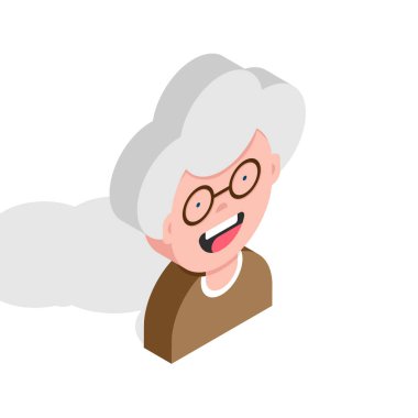 Mutlu büyükanne avatarı. Karakter izometrik portre. Gözlüklü yaşlı kadın. Vektör illüstrasyonu, 10 şablon