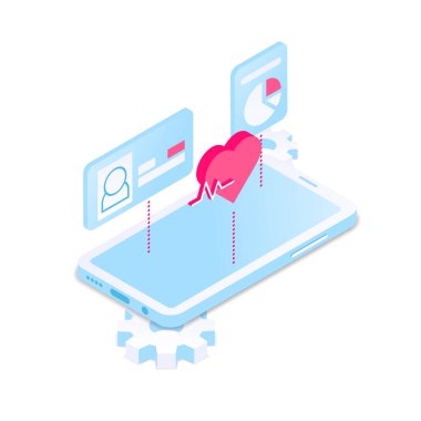 Dijital sağlık hizmeti konsepti. Profili ve tıbbi göstergeleri olan üç boyutlu akıllı telefon. Nabız, istatistik, profil. İzometrik tarzda vektör illüstrasyonu. Beyaz arkaplanda izole