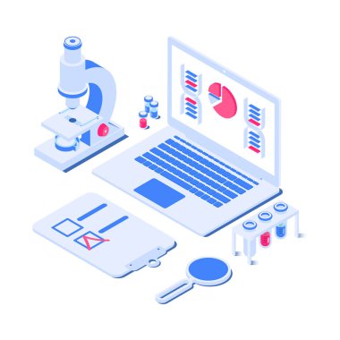 Üç boyutlu laboratuvar elementleri. Mikroskop, dizüstü bilgisayar, ampuller, büyüteç, tablet, DNA, test tüpleri. Modern izometrik tarzda vektör illüstrasyonu. Beyaz arkaplanda izole