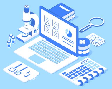 Üç boyutlu laboratuvar elementleri. Laptop, mikroskop, ampuller, takvim, tablet, büyüteç, haplar, kitaplar. Modern izometrik tarzda vektör illüstrasyonu. Mavi arkaplanda izole