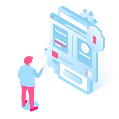 Akıllı telefon kullanarak güvenli profiline bakan bir adam. İzometrik tarzda üç boyutlu vektör illüstrasyonu. Beyaz arkaplanda izole