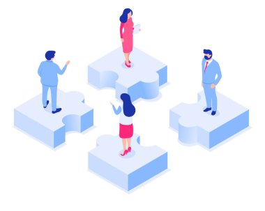 Takım çalışması konsepti. Bir grup insan yapboz parçalarının üzerinde duruyor. İzometrik tarzda vektör illüstrasyonu. Beyaz arkaplanda izole