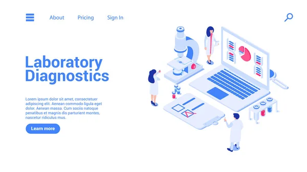 Plantilla Landing Page Con Científicos Investigadores Concepto Diagnóstico Laboratorio Ilustración — Vector de stock