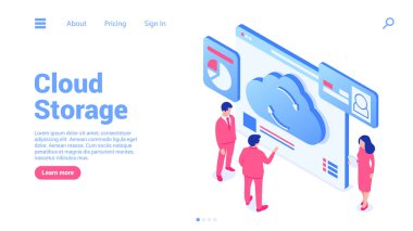 İş adamları bulut depolama sitesinin etrafında toplanıp yeni fikirler ve çözümleri tartışıyor. İniş sayfası veya web pankartı şablonu. Modern izometrik tarzda vektör illüstrasyonu. 