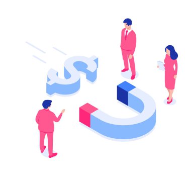 Mıknatıs parayı çeker. Para çekme konsepti, yatırımlar. Dolar, avro, yen, pound ikonlarıyla üç boyutlu insanlar. İzometrik biçimdeki vektör illüstrasyonu. Beyaz arkaplanda izole edilmiş.