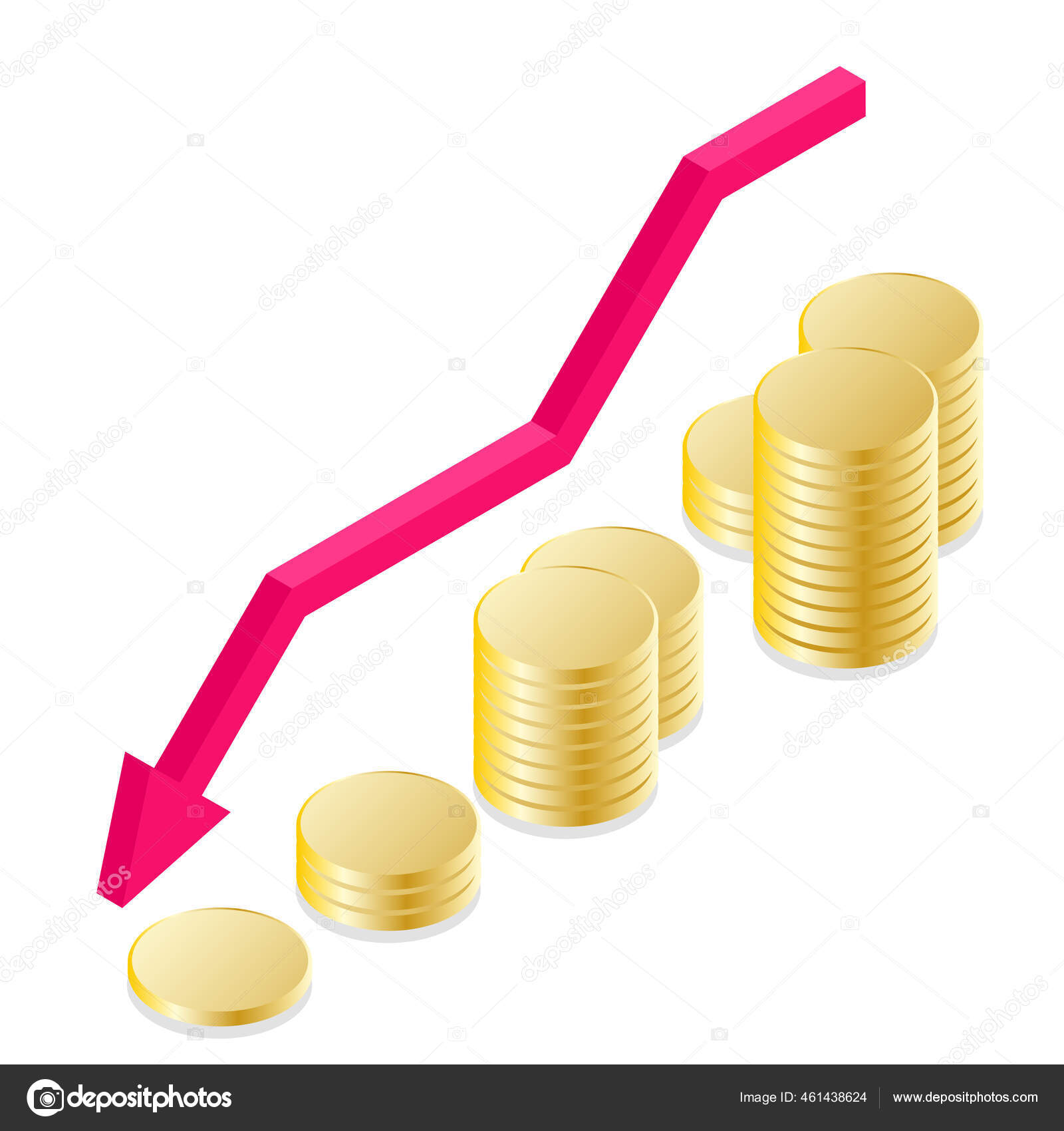 现实的3D硬币和下行图形利润下降投资外流的概念成堆的金币和红色箭头现代等距方式的矢量图解图库矢量图©PandyBoy 461438624
