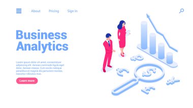 İş analizi konsepti. İniş sayfası veya web pankartı şablonu. İş adamı ve iş kadını bir dolar işareti ile büyüyen bir grafiğin önünde duruyor. Isometric vektör illüstrasyonu