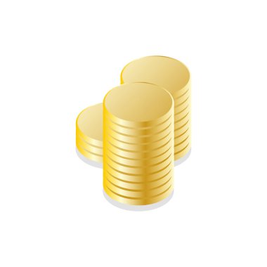 Üç boyutlu altın gerçekçi madeni paralar. Sermaye, para, tasarruf. Modern izometrik tarzda vektör illüstrasyonu. Beyaz arkaplanda izole edilmiş. Düzenlenebilir şablon.