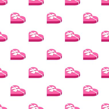 Pembe hediye paketi ve kurdeleli kusursuz desen. Parti hediyesi, kutlama, doğum günü, Noel, sevgililer günü gibi özel bir etkinlik. İzometrik tarzda modern vektör illüstrasyonu. Beyazda izole edilmiş