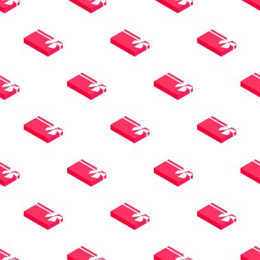 Kurdeleli kırmızı hediye kutusunun kusursuz deseni. Parti hediyesi, kutlama, doğum günü, Noel, sevgililer günü gibi özel bir etkinlik. İzometrik tarzda modern vektör illüstrasyonu. Beyazda izole edilmiş