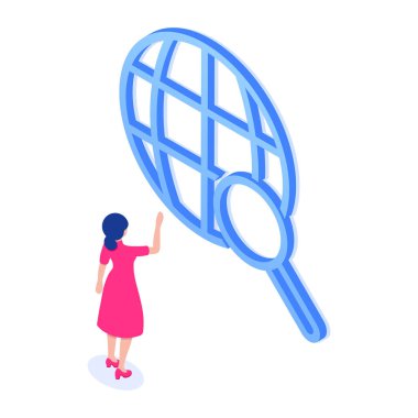 İnternette bilgi arama kavramı. Bir internet ikonunun önünde elinde büyüteçle duran bir kız. Modern izometrik tarzda vektör illüstrasyonu. Beyazda izole edilmiş.