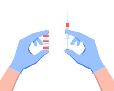 Coronavirus aşısı COVID-19. Virüse karşı aşı ve aşı, grip. Doktor, hemşire ve bilim adamlarından oluşan mavi eldivenli eller ampul ve şırınga tutuyor. Kopya uzayı olan yatay pankart. Vektör.