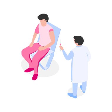 Elinde şırınga ve sandalyesinde hasta olan bir doktor. Yüzsüz insanlar. Aşı konsepti. İzometrik tarzda vektör illüstrasyonu. Beyaz arkaplanda izole