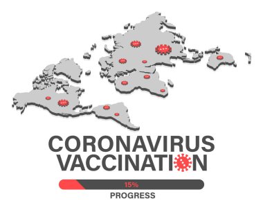 Nüfusun aşılanmasının ilerlemesi. Koronavirüs simgeleriyle Isometric dünya haritası. Coronavirus hastalığı 2019 dünya çapında durum güncellemesi. Harita durumu gösteriyor. Vektör illüstrasyonu beyazda izole edildi