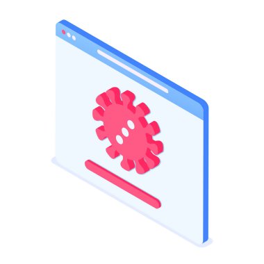 Virüs işaretli web sayfası. İnternet tehdidi, bilgisayar enfeksiyonu. Isometric vektör çizimi. Beyaz arkaplanda izole.