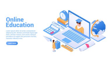 Çevrimiçi eğitim kavramı. İniş sayfası ya da web afişi. Herkes için uzak eğitim, online öğrenme, internet kursları. Vektör izometrik çizim. Beyaz arkaplanda izole.