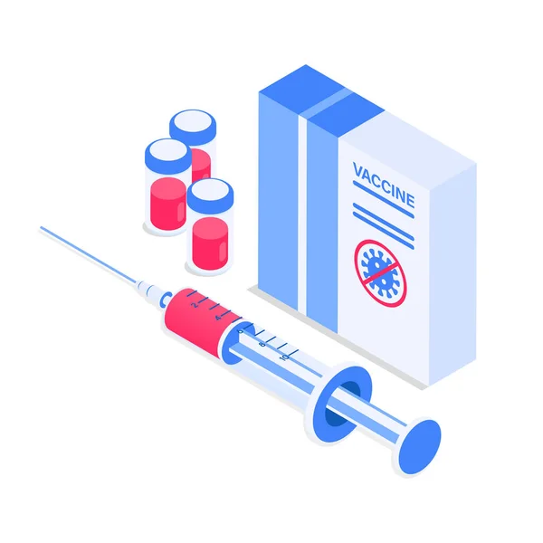 Proteção Vírus Conceito Cuidados Saúde Medicamentos Seringa Ampolas Icons Isometric —  Vetores de Stock