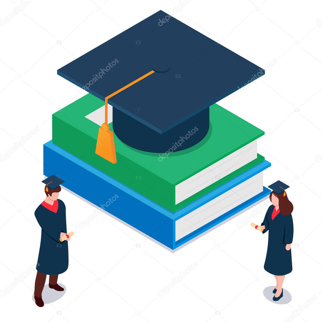Graduate cap on a books.Graduates with diplomas in hands. Isometric vector illustration.Element for degree ceremony and educational programs design. Isolated on white background.