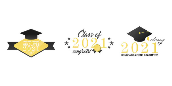 Graduation 2021.Collection of 3 greeting banners. Typography design templates for shirt, stamp, logo, card, invitation etc. Vector illustration isolated on white background
