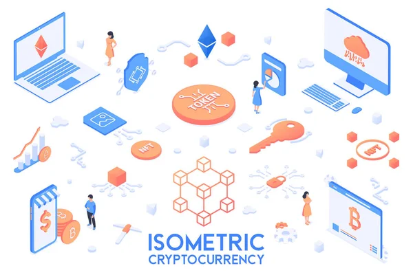 Colección Elementos Criptomoneda Conjunto Isométrico Objetos Nft Bitcoin Blockchain Software — Archivo Imágenes Vectoriales