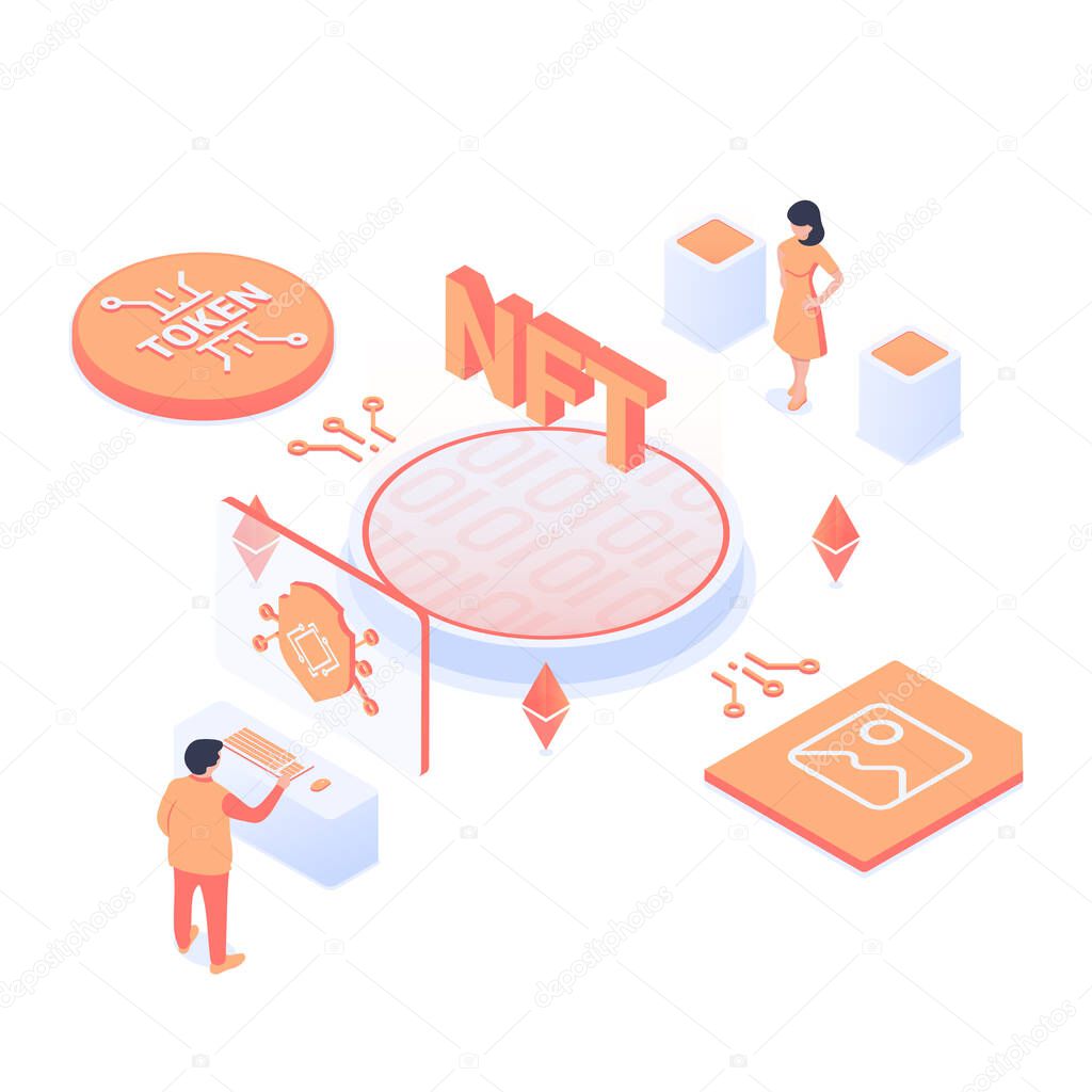 NFT concept. reation of a certificate of uniqueness of a digital object. Unique cryptographic tokens. Modern vector illustration in isometric style. Isolated on white background