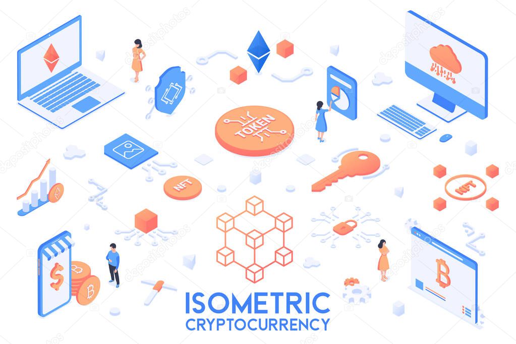 Cryptocurrency elements collection. Isometric set of objects - nft, bitcoin, blockchain, mining software and hardware. Modern vector illustration isolated on white background