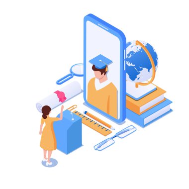 Çevrimiçi eğitim kavramı. Akıllı telefon kullanarak uzaktan öğrenme. Herkes için uzak eğitim, online öğrenme, internet kursları. İzometrik tarzda vektör illüstrasyonu. Beyaz arkaplanda izole.