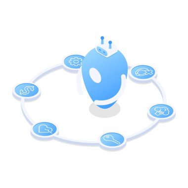 Çok yönlü robot asistan konsepti. Sağlık izleme, finansal kontrol, müşteri hizmetleri. İzometrik tarzda vektör illüstrasyonu. Beyaz arkaplanda izole.