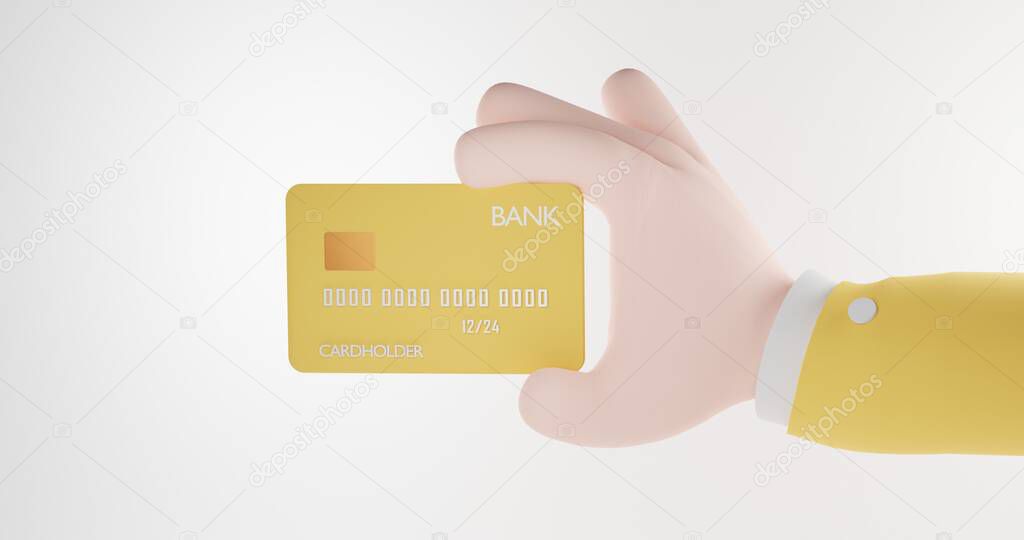 Cartoon hand holds a credit bank card. Horizontal banner. Business, finance and banking, credit and debit cards. 3d render illustration.