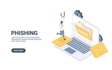 Phishing. İnternet dolandırıcılığı, bilgisayar virüsü ve casus yazılım kavramı, veri sızıntıları. İzometrik tarzda vektör illüstrasyonu. Beyaz arkaplanda izole.