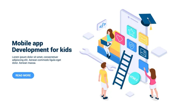 Tworzenie aplikacji mobilnych dla dzieci. Pojęcie — Wektor stockowy
