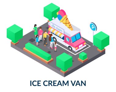 Queue to the ice cream van of people of different genders and ages. Mobile food truck, fast food, business on wheels concept. Vector illustration in isometric style on white background 