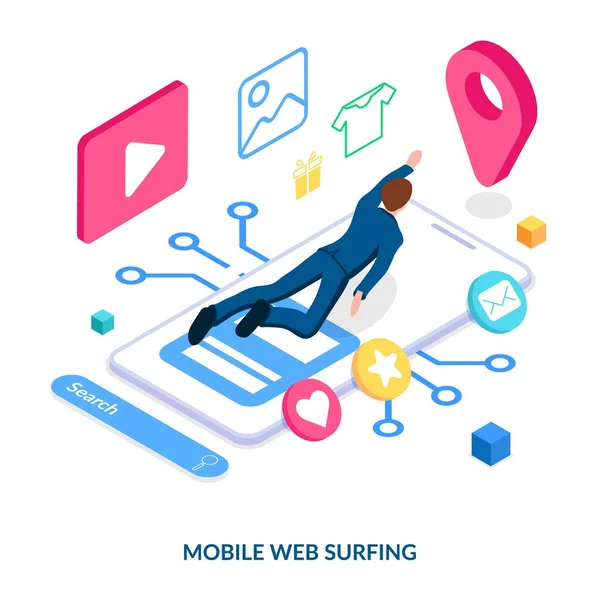 Mobile Web Surfing Concept Person Searches Information Videos Pictures Goods — Image vectorielle