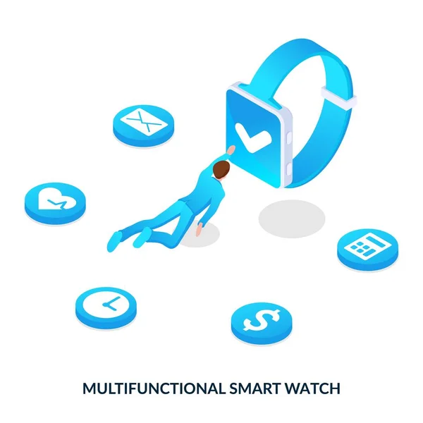 Multifunctional Smart Watch Concept Person Uses Smart Watch Pay Communicate — Image vectorielle