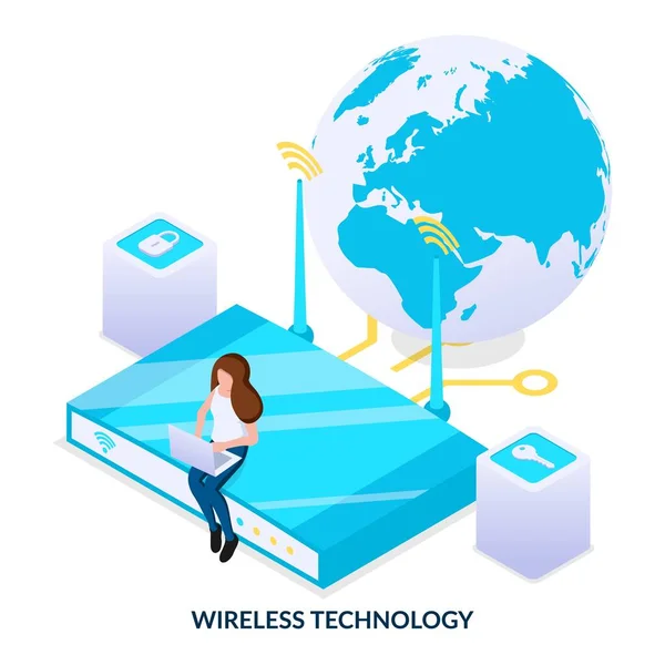 Wireless Technology Concept Global Mobile Networks Girl Sitting Laptop Router — Image vectorielle