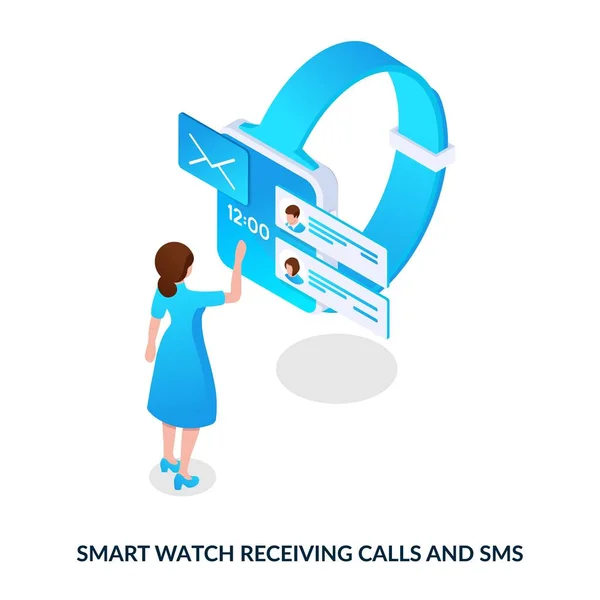 Girl Receives Messages Communicates Friends Using Smart Watch Concept Vector — Image vectorielle