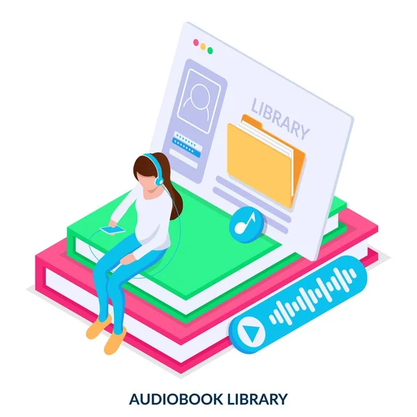 Concepto Biblioteca Audiolibros Una Chica Escucha Colección Audiolibros Internet Ilustración — Vector de stock