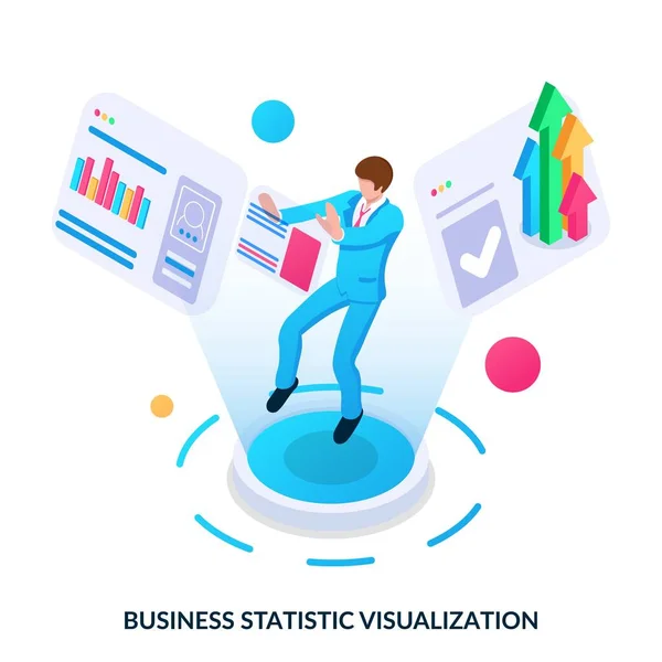 ビジネス統計可視化コンセプト ページと統計との間のスペースにホバリング男 白い背景のアイソメトリックベクトルイラスト — ストックベクタ