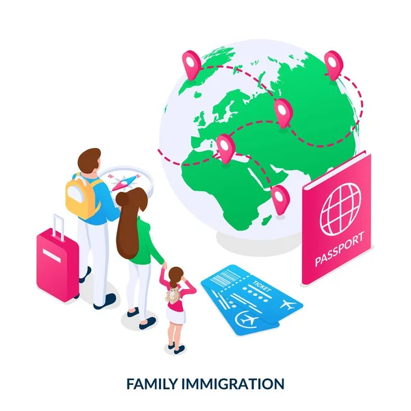 Familie Immigratie Concept Een Jong Gezin Van Moeder Vader Kind — Stockvector