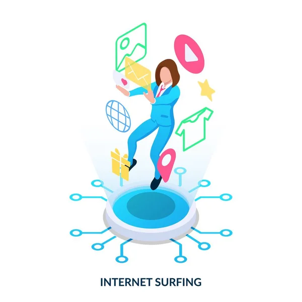 Concept Surf Sur Internet Une Fille Entourée Icônes Web Pend — Image vectorielle