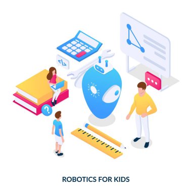 Çocuk konsepti için robot bilimi. Çocuklar için hobi kulüpleri, ek eğitim, modern teknolojiler eğitimi. Beyaz arkaplanda Isometric vektör illüstrasyonu.
