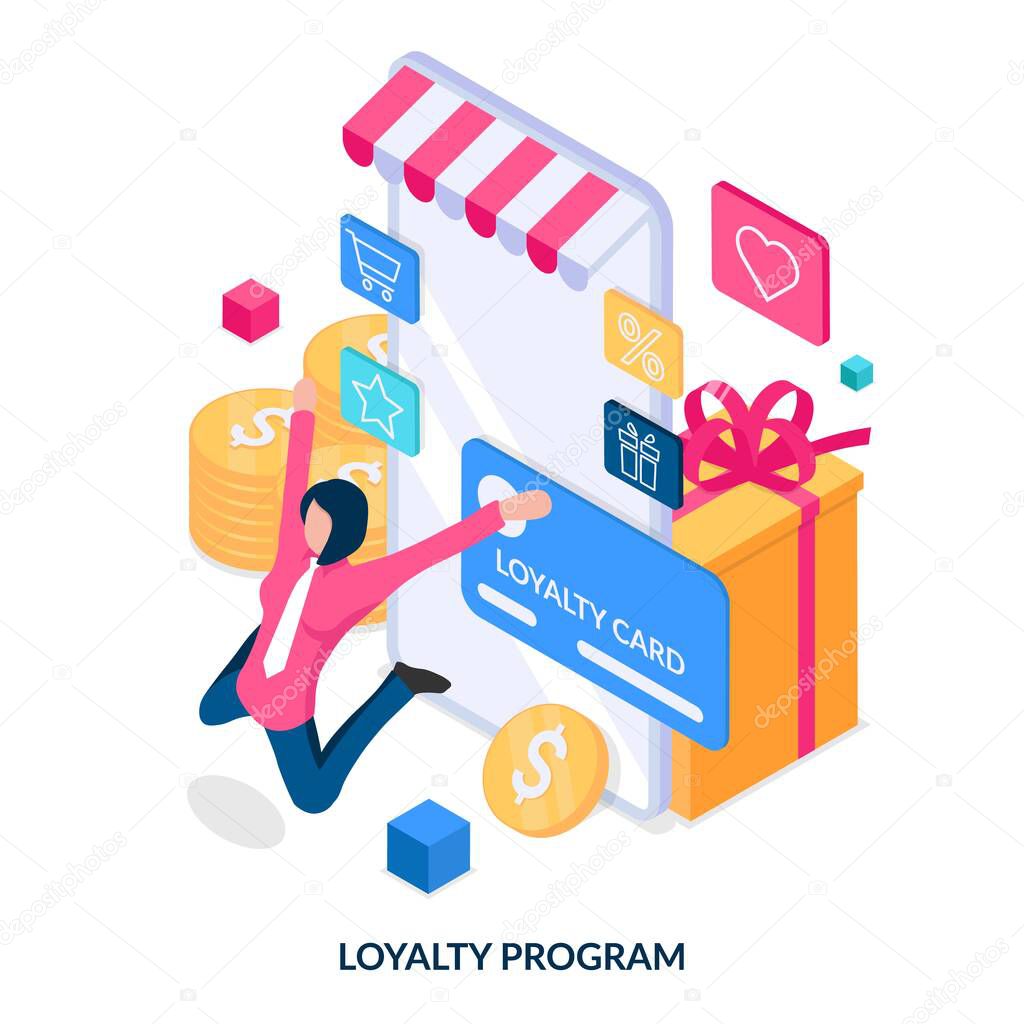 Customer loyalty program concept. Advertisement, promotion of internet shop loyalty program for regular customers. Isometric vector illustration on white background