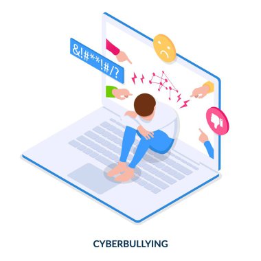 İnternet zorbalığı konsepti. Üzgün insan internette aşağılanır ve aşağılanır. Beyaz arkaplanda Isometric vektör illüstrasyonu.