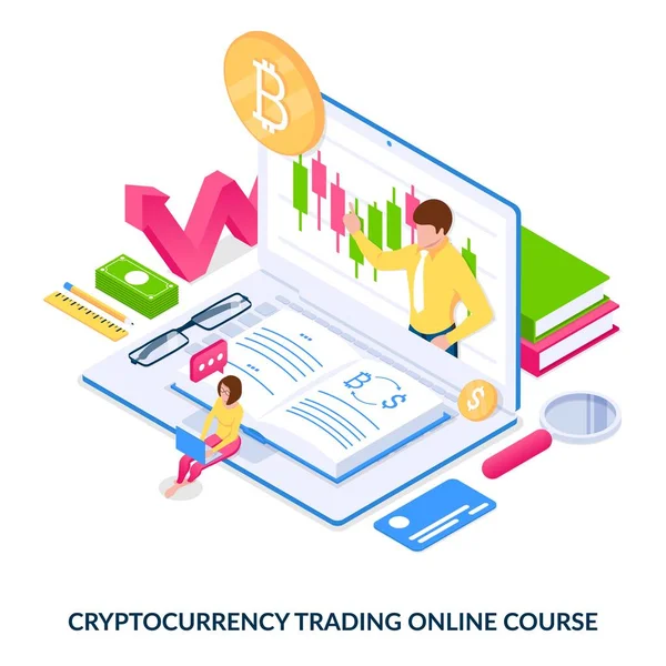 Cryptocurrency Trading Online Course Concept Girl Remotely Learns How Trade — Stock Vector