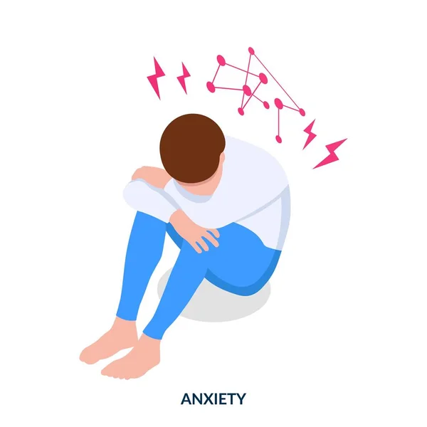 Anxiety Concept Man Sits Floor His Arms His Knees Worries — Stock Vector